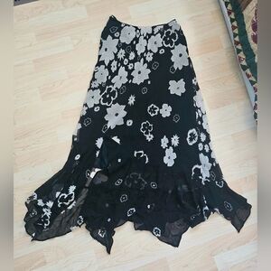 90s Black Asymmetrical Pointed Hem Floral Fairy Maxi Skirt With Beading